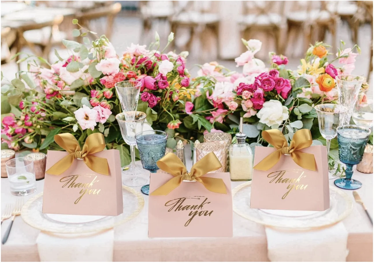 Description Picture 5 of item25 / 50Pack Small Thank You Gift Bag Party Favor Bags Treat Boxes with Blue Bow Ribbon, White Paper Gift Bags Bulk for Wedding