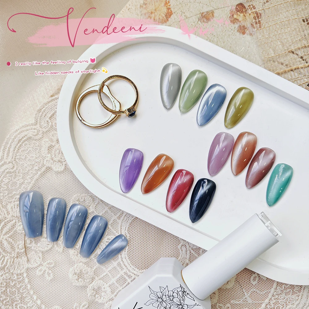 Vendeeni 12 색 유리 고양이 눈 젤 매니큐어 UV LED 다채로운 젤 크리스탈 고양이 눈 네일 광택 네일 아트 디자인 12ml