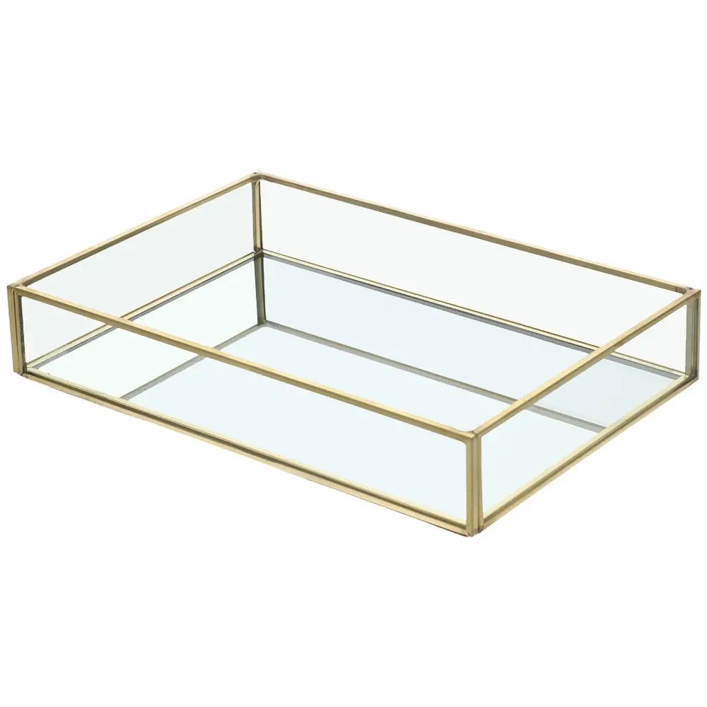 Glass Decorative Tray Easy-to-clean 7.87*5.5*1.38 Inch Gold Rectangle Mirror Decorative Tray Vintage Jewelry Tray Office