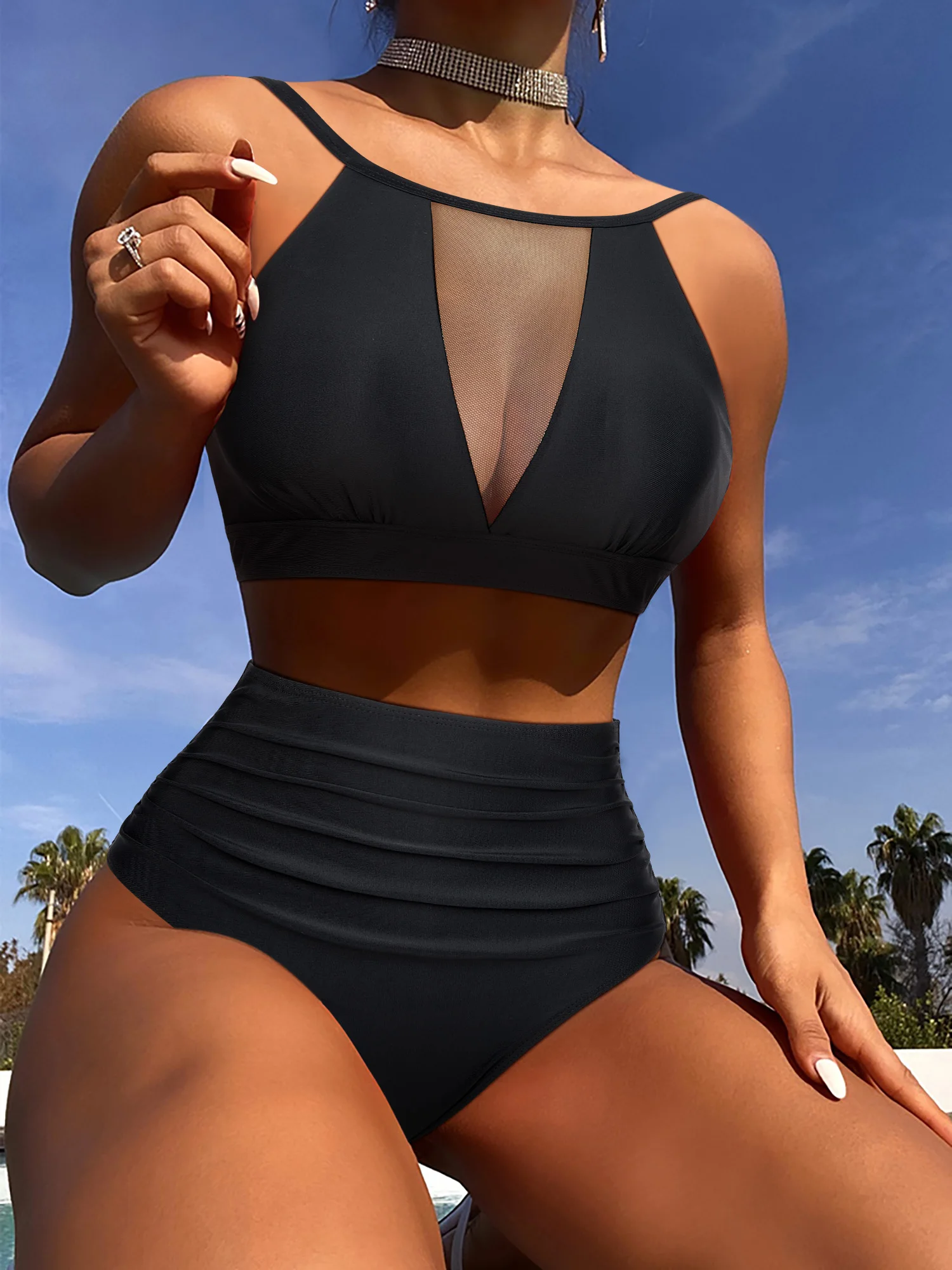 Bikini z wysokim stanem 2023 strój kąpielowy damskie kostiumy kąpielowe czarna siatka seksowny