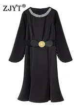 

ZJYT Luxury Handmade Beading Solid Black Midi Trumpet Party Dresses Women Spring Elegant Cloak Sleeve Prom Vestidos with Belt