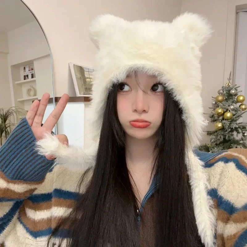 Halloween Winter Plush Cute Cat Ears Beanies Women Pullover Hats Korean Ear Protection Strap Beanies Hat with Earflap Y2k Girl 2