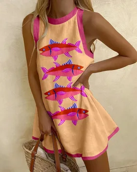 Women Sleeveless Dress Cute Sardines Fish Graphic Print Summer New Short Dress Beach Vacation Party Girl Skirts Dress 1