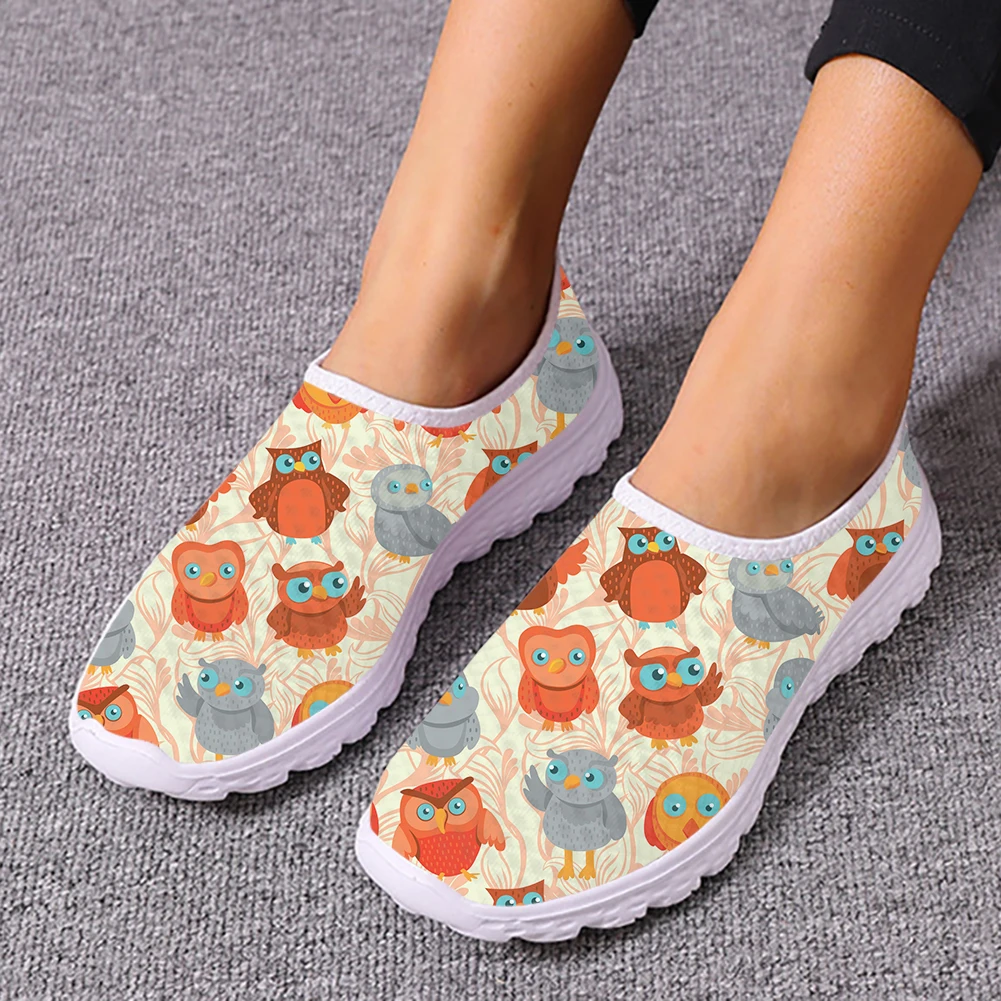 

Owl and Flowers Pattern Ladies Spring Autumn Round Toe Mesh Shock Absorbing Running Shoes Comfortable Breathable Soft Sneakers
