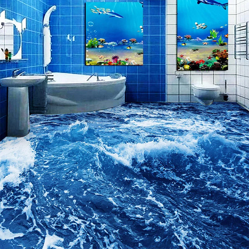 Papel de Parede com Foto Personalizada 3d Telhas de Piso com Onda de Mar para Banheiro Quarto Sala de Estar Antiderrapante à Prova Dágua Espessado