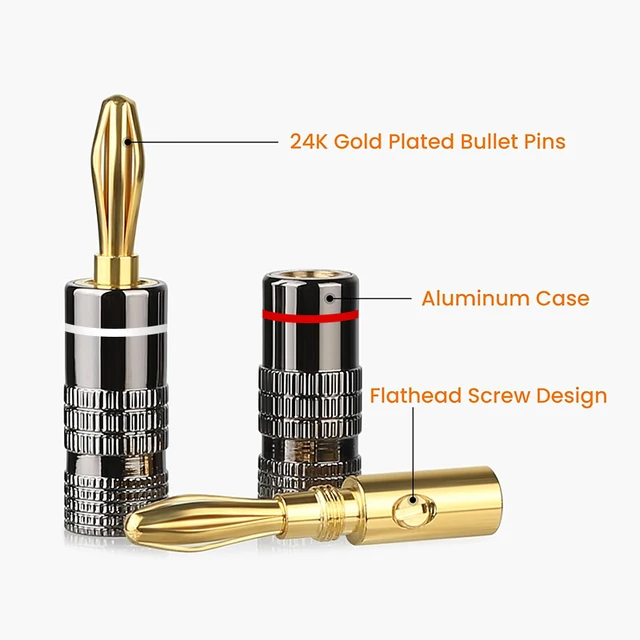 4 Spine A Banana Placcate In Oro 24 K, Connettore Jack Audio A Doppia Vite, Connettore Jack Audio Per Altoparlante, Adattatore Per Amplificatore, HiFi, Ricevitore AV (2 Neri E 2 Rossi - Foto 12