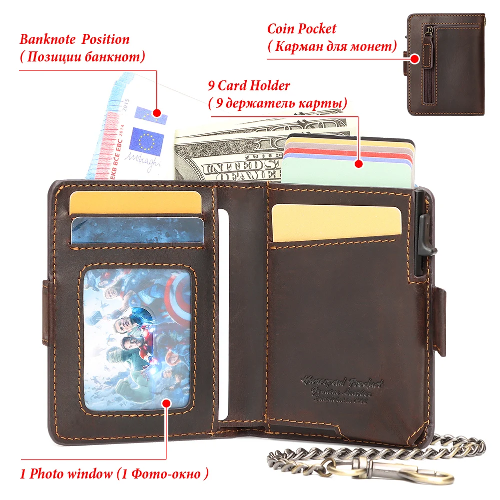 HUMERPAUL AirTag Pop-up Card Holder Purse RFID Protect Credit Cardholder Crazy Horse Leather Men's Wallet with Chain Coin Pocket