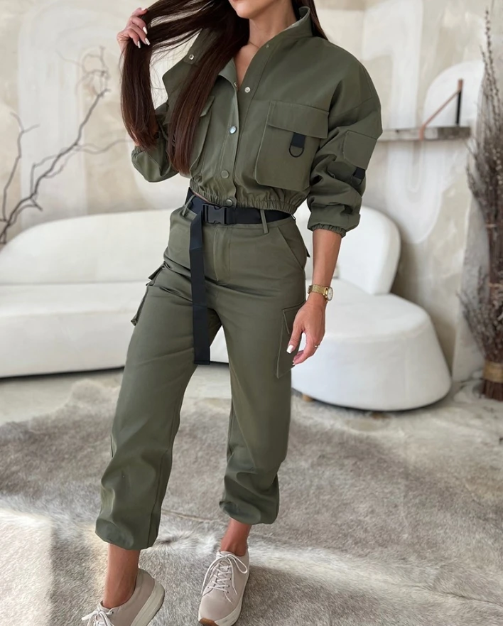 

Two Piece Set for Women 2024 New Fashion Streeet Pocket Design Buttoned Long Sleeve Stand Collar Cargo Top & Cargo Pants Set