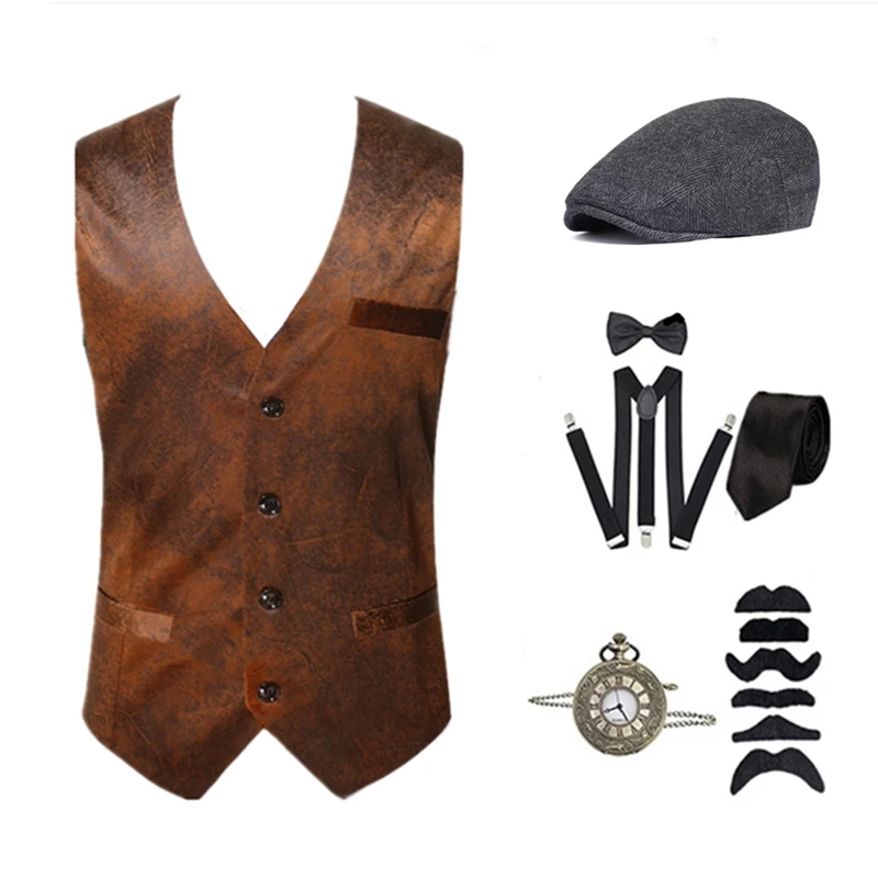 1920s Costume Accessories Set Steampunk WaistCoat Gangster Vest Pocket Watch 1920s Men Gatsby Cosplay Beard