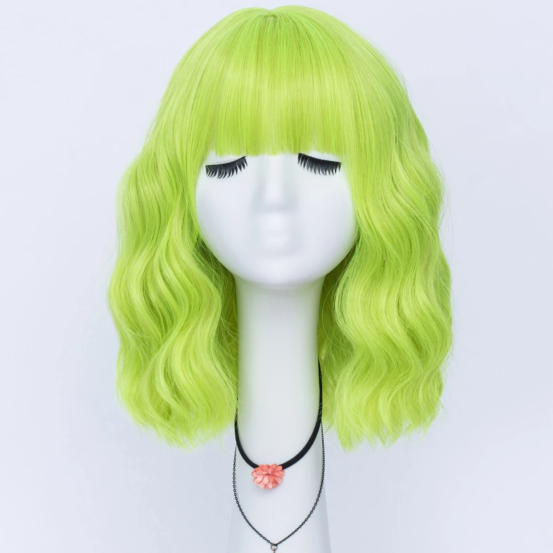 MSIWIGS Short Green Wavy Wig Synthetic Cosplay Hair Wig with Bangs Heat Resistant Hair