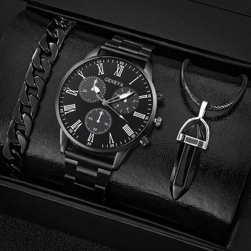 3PCS Set Fashion Mens Business Watches Men Casual Black Bracelet Necklace Stainless Steel Quartz Wrist Watch Relogio Masculino 3pcs set metal jewelry organizer holder rack black antique m shape earring stud bracelet organizer ornament hanger stand holder