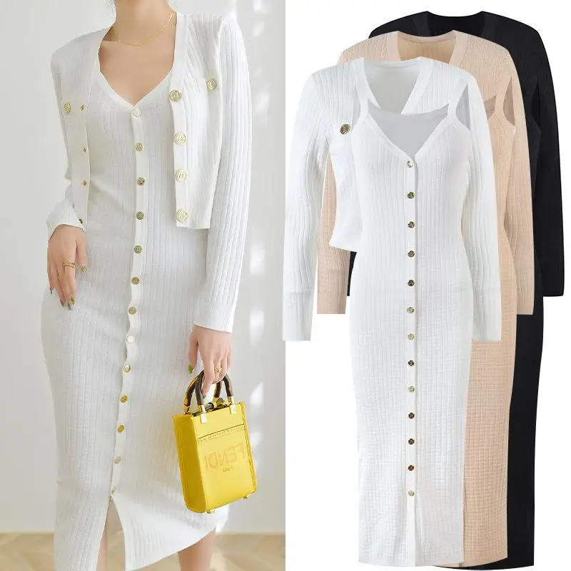 

2023 Banquet Dress Set for Young Ladies Female Knitted Sweater Cardigan Slim Fit Single-breasted Knitting Dresses Women Outfits