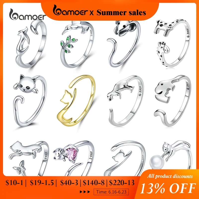 

Bamoer Genuine 925 Sterling Silver Cute Cat and Mouse Ring for Women S925 Open Animal Ring Fine Jewelry Accessories for Girl