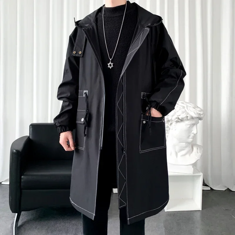 （Regular and Thickened) British Style Men's Casual Long Jacket Men Cardigan Overcoat Streetwear Hooded Trench Coat Male