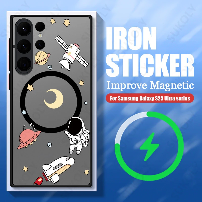 Astronaut Magsafe Charging Matte Acrylic Phone Cover with Iron Ring Design