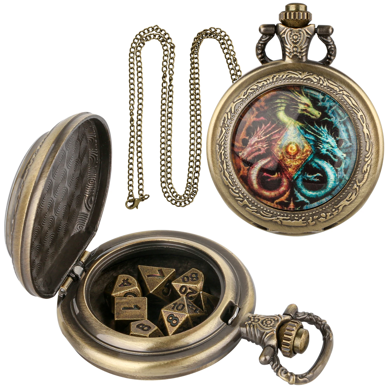 Vintage-Inspired Double Dragon DND Dice Jewelry Pocket Watch Case with 7 Metal Dice Set