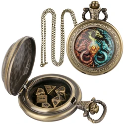 Vintage - Inspired Double Dragon DND Dice Jewelry Pocket Watch Case with 7 Metal Dice Set (Three Dragon)
