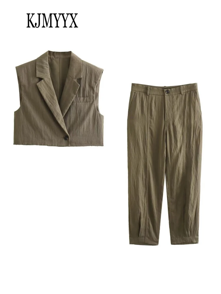 

KJMYYX Solid 2023 Women Fashion Vest Pant Sets New Summer Female Office Fashion Sleeveless Short Top Mid Waist Vintage Pants