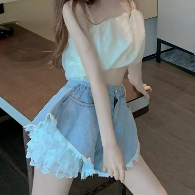 Lolita Style Lace Shorts Summer Ladies Harajuku Fashion Chic High Waist Denim Shorts Women Streetwear Sexy Punk Hip-hop Jeans