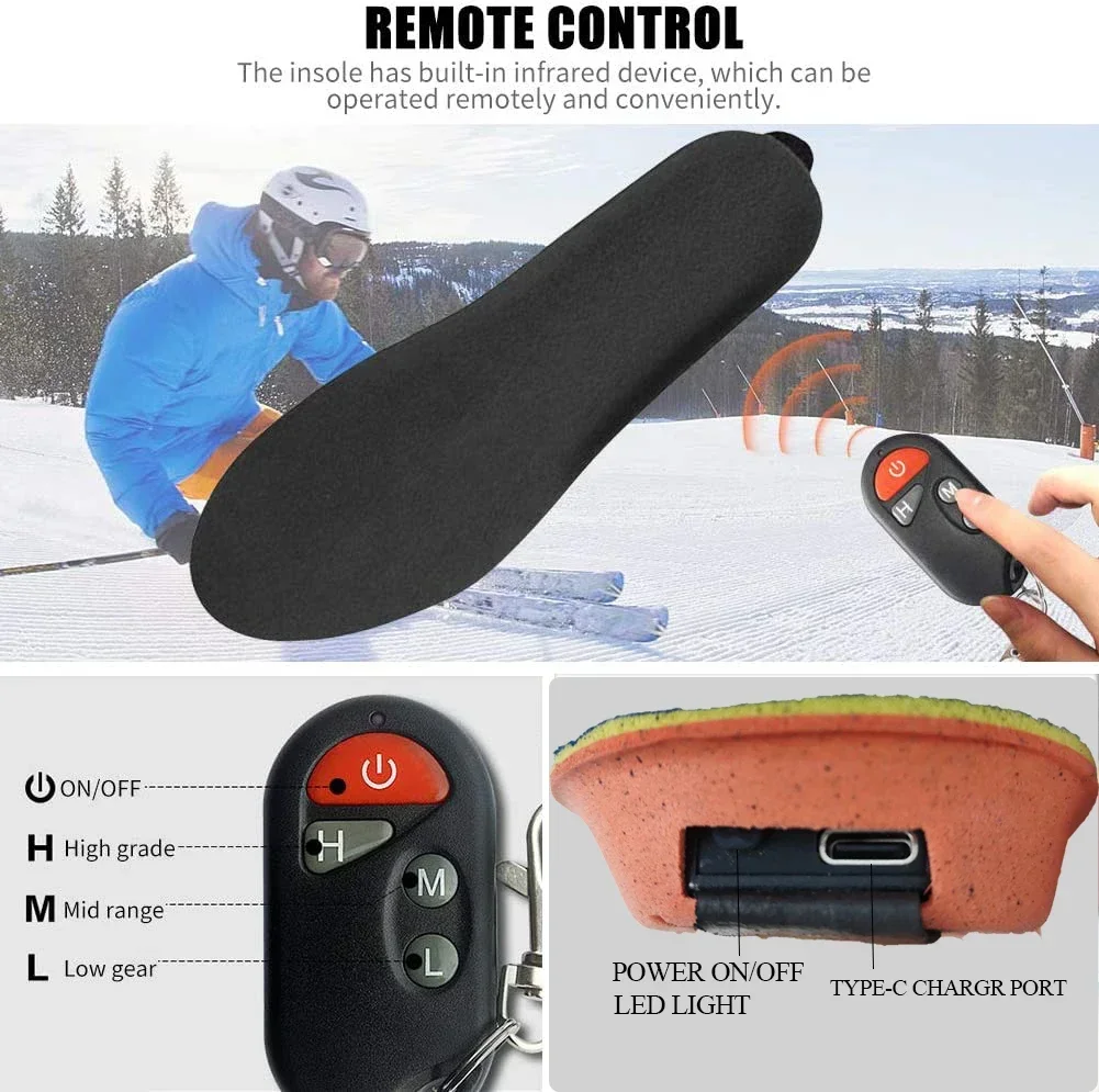 2000mAh Remote Control Heating Insole with Rechargeable Battery Heated Insoles Winter Shoes Pads For Ski Hunting Size-EUR35-46#