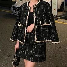 

European Style Autumn Winter 2 Piece Set Women Two Piece Outfits Women Short Woolen Tweed Jacket Coat &ampBodycon Mini Skirt Set