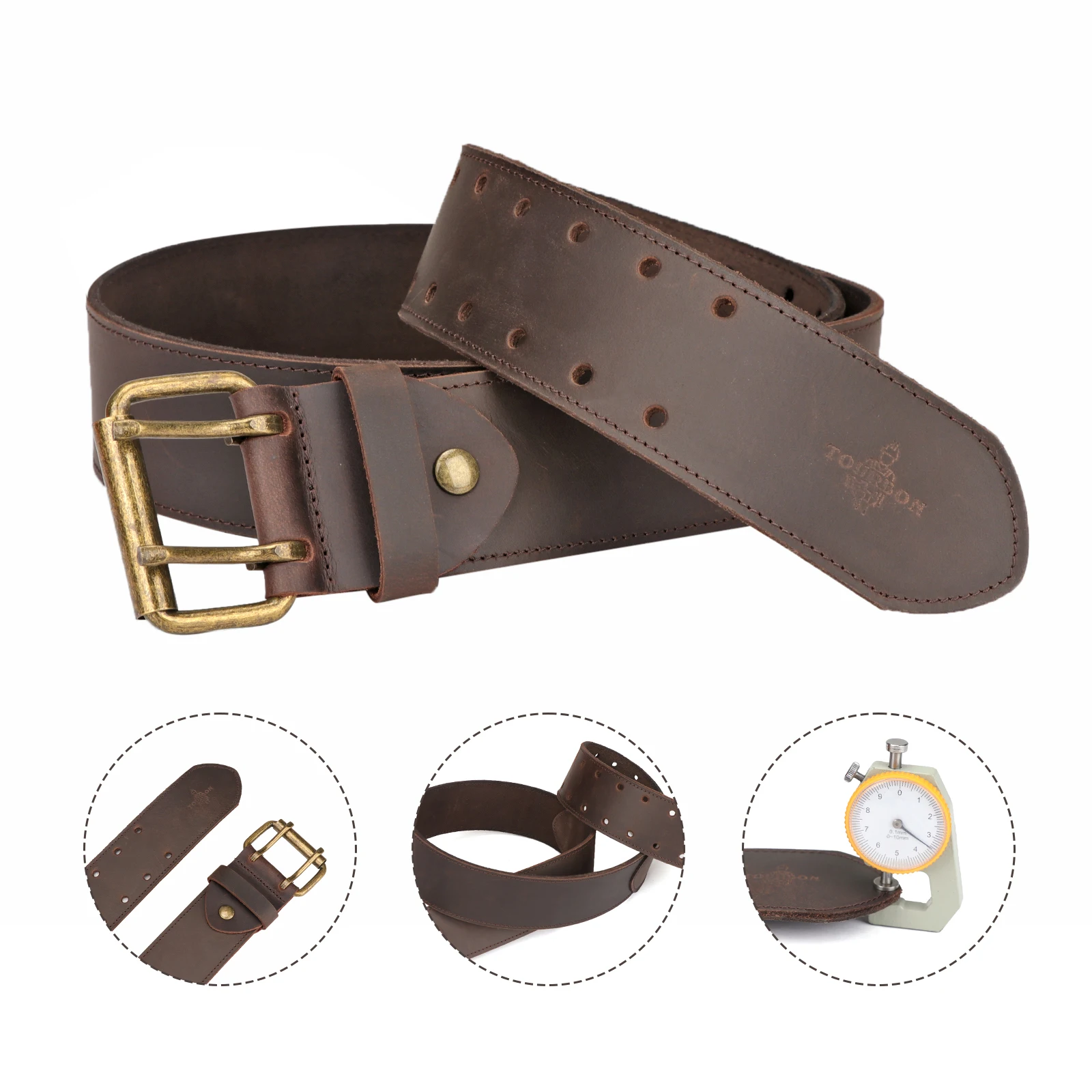 Tourbon 2'' Work Belt in Heavy Top Grain Leather Double Prong Tongue Roller Buckle Tools Belts 84 - 112cm(33'' - 48'') for Men