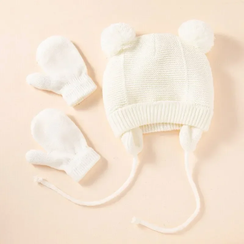 2Pcs Girls Boys Cute Outdoor War Baby Knit Gloves Hat Set Solid Color Autumn Winter Ear Protection Infant Toddler Beanie Cap For