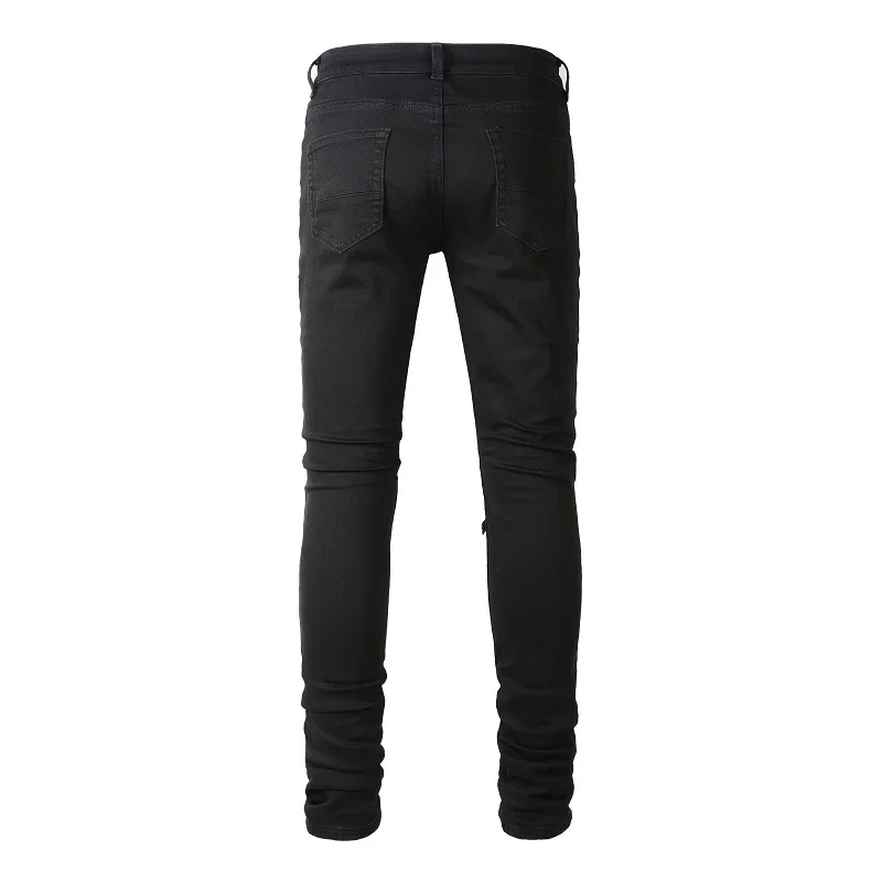 Men Leather Patch Biker Jeans for Motorcycle Streetwear Holes Ripped Patchwork Stretch Denim Pants Black Skinny Tapered Trousers 2