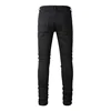 Men Leather Patch Biker Jeans for Motorcycle Streetwear Holes Ripped Patchwork Stretch Denim Pants Black Skinny Tapered Trousers 2