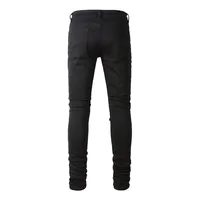 Men Leather Patch Biker Jeans for Motorcycle Streetwear Holes Ripped Patchwork Stretch Denim Pants Black Skinny Tapered Trousers 2