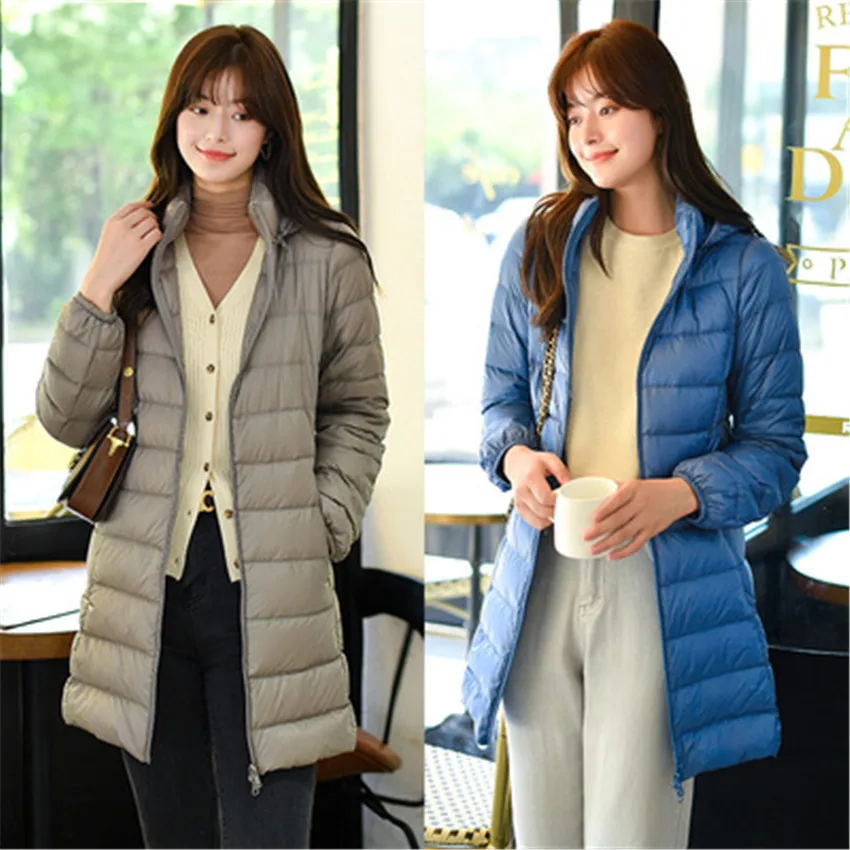 

2022 Autumn Women Hooded Down Coat Lady Midi Long White Duck Down Jacket Slim Plus Size Down Jackets Female Winter Outwear 1881