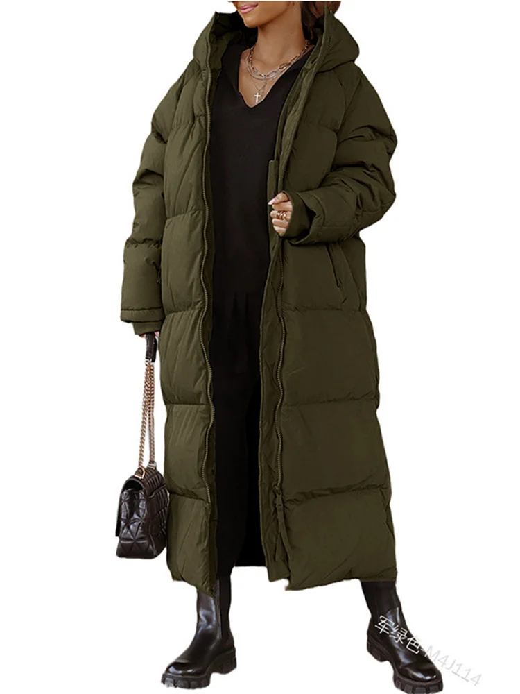 Wmstar Women Coat New Winter Thickened Loose Style Long Sleeve Solid Color Windproof Warm Hooded Down Cotton Padded Long Jacket