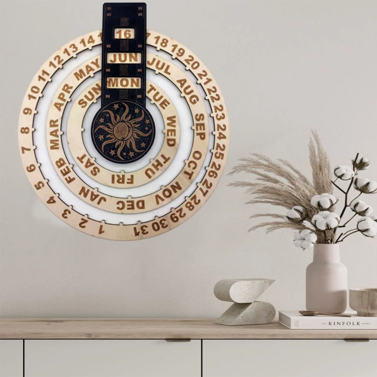 Perpetual Calendar Circular Home Decor Office Decor Wall Wooden Manual Rotatable Disks Calendar Family Wooden Craft Wall Art