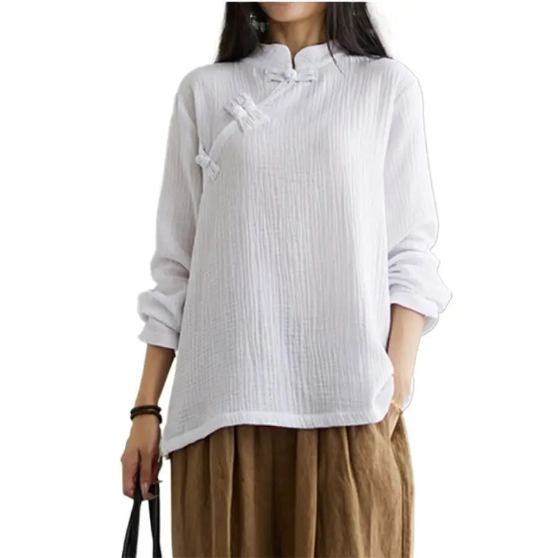 

Spring Stand Collar Long Sleeve Blouse Prairie Chic Women Cotton Linen Shirt Solid Casual Loose Buttons Tops Femininas Blusas