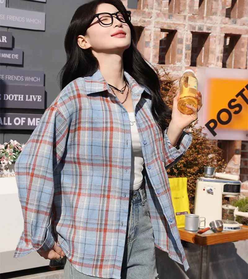 Mode Lose frauen Bluse Herbst Winter High Street Trendy Casual Karierte Shirts Koreanische Alle-Spiel Strickjacke Hemd outwear – Detail 3