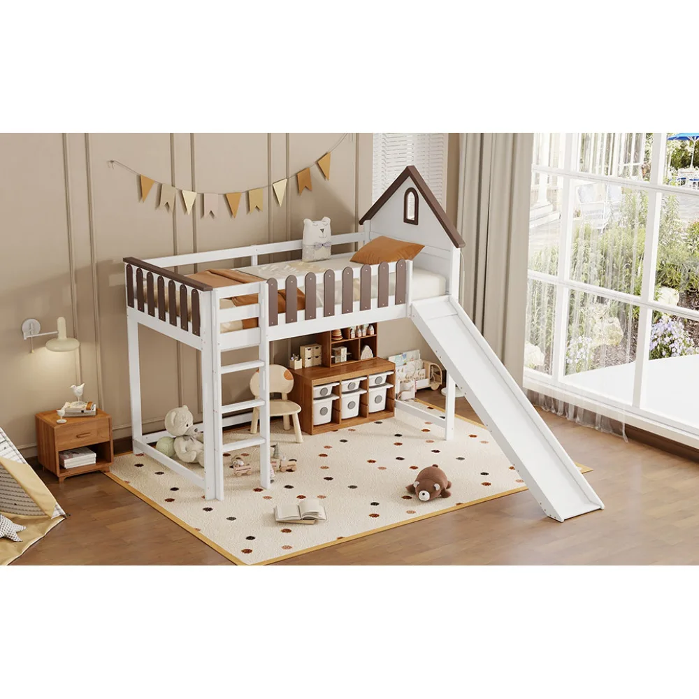 90x200cm Hochbett, mit Dach und Fenster, mit dreistufiger gerader Leiter, Jugendbett, Kinderbett mit Rutsche, Weiß+Walnuss – Detail 11
