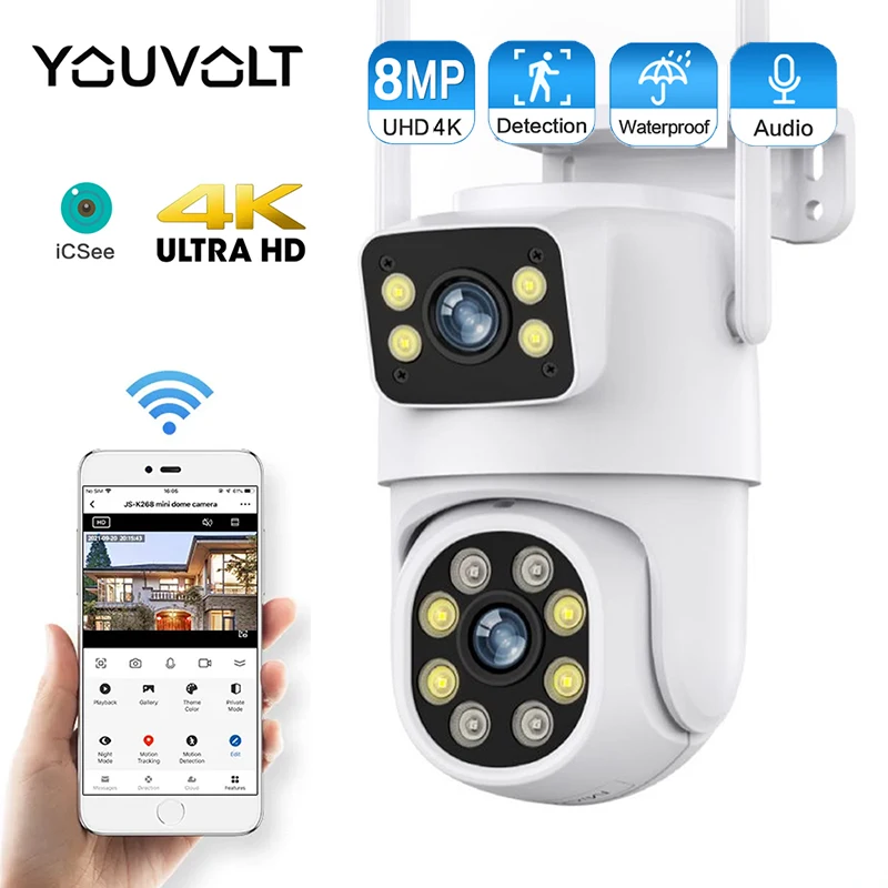 8MP 4K PTZ Wifi Camera Dual Lens with Dual Screen Ai Human Detect Auto Tracking Wireless Outdoor Surveillance Camera iCSee App