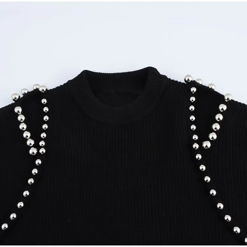 Fashion Women's Beading Sweater Pullover Elegant Knitted Black Long Sleeve O-neck Jumper 2025 New Spring Lady Casual Outwears
