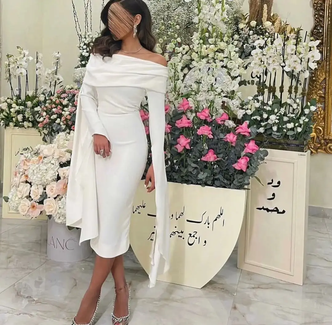 

Elegant Long Sleeves Prom Dresses Off The Shoulder Pleated Tea Length Party Dresses Evening Dresses