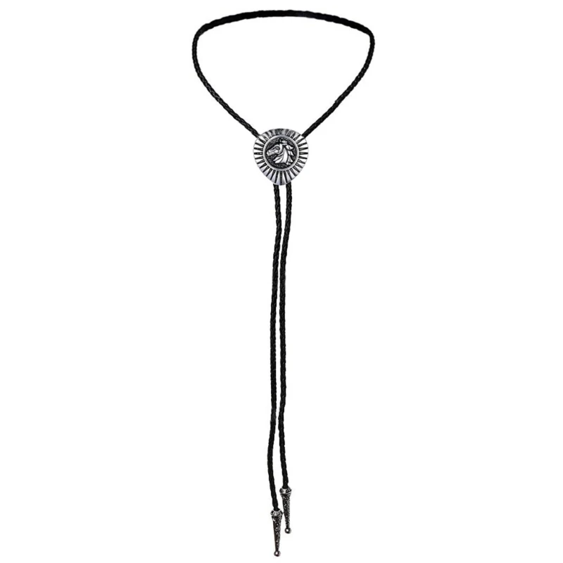 

Vintage Bolo Tie Necktie Artificial Leather Braided Rope Necklace with Metal Horse Head Pendant Jewelry Cowboy Necktie