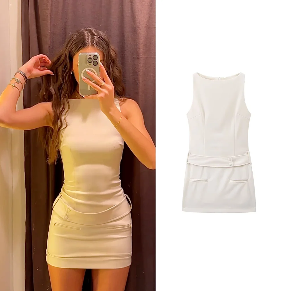 

BSK&TRAF Women's 2024 Summer New Style European and American Style Round Neck Sleeveless Belted Vest Dress