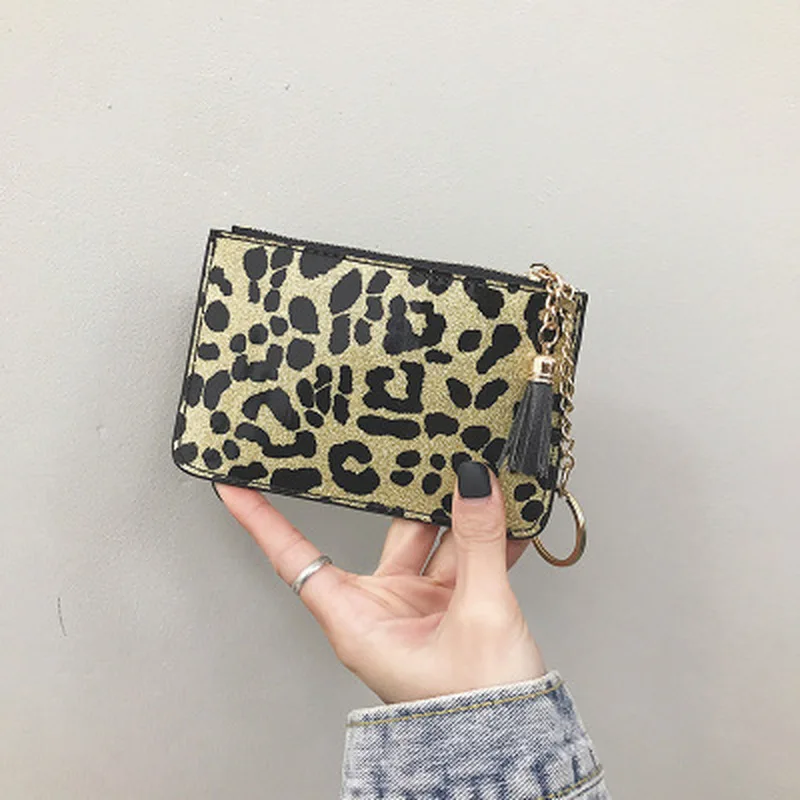 

2023 Hot sales Spring New Simple Small Wallet Fashion Leopard Pattern Folding Sequins Zero zipper Wallet Short Wallet Card Bag
