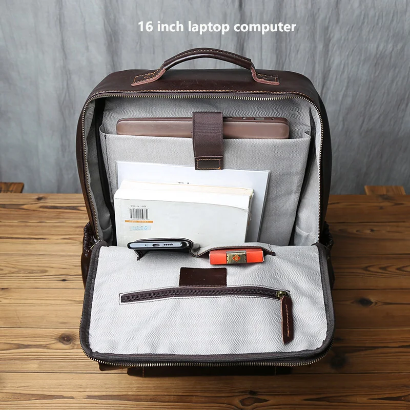 NZPJ Retro Genuine Leather Men Backpack Vegetable Tanned Top Layer Cowhide Backpack Large Capacity Travel Bag For 16 inch laptop