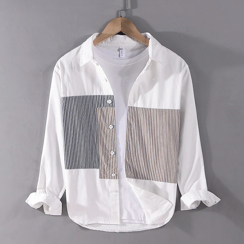 

2023 Spring And Autumn Men's Stripe Splice Color Contrast Shirt Casual Versatile Fresh Cotton Long Sleeve Shirt for Man Fashion