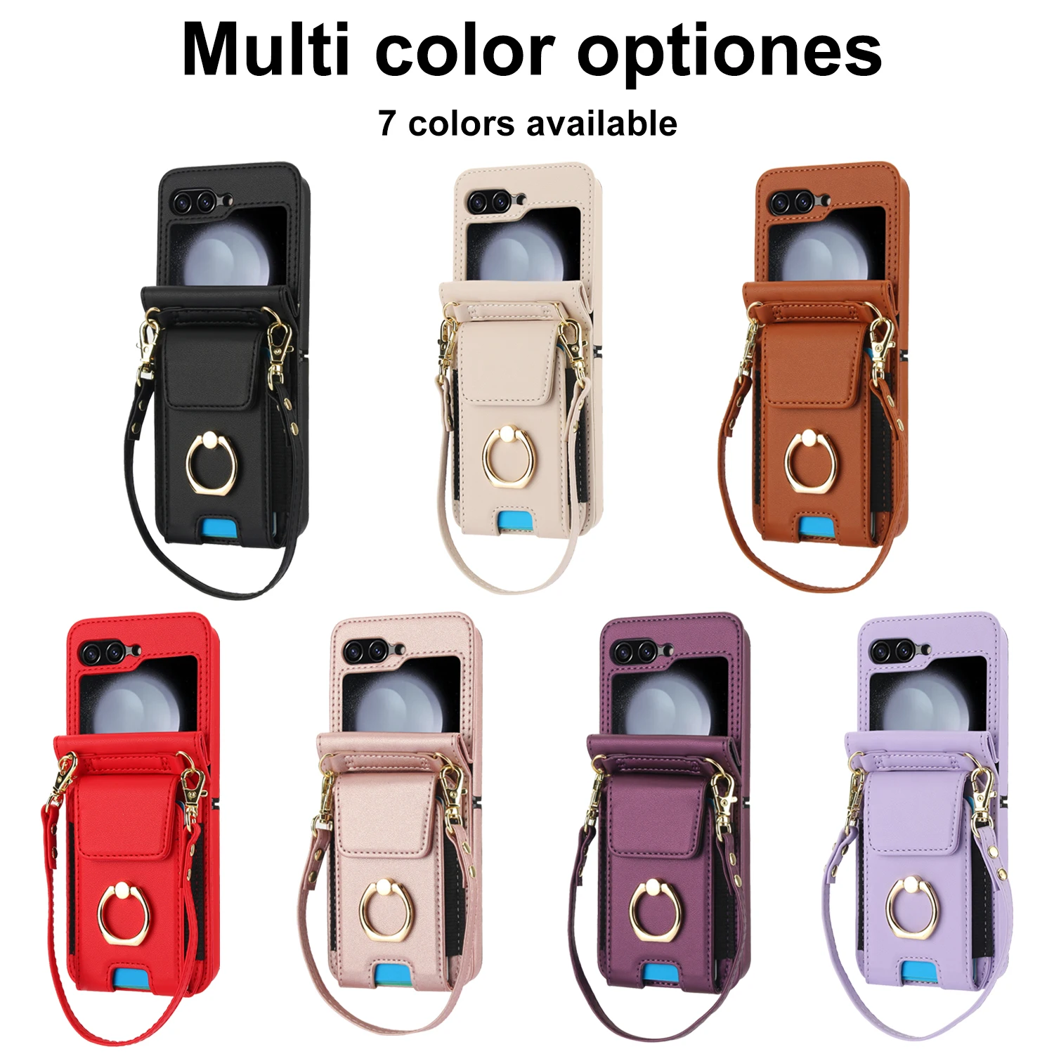 Elastična kožna futrola za prstenje s karticama za Samsung Galaxy Z Flip 6 5 4 3 5G Flip6 Flip5, vertikalna torba s vrpcom_voghion.com