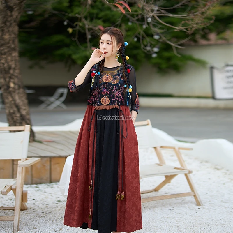 chinese ethnic vintage embroidery loose sleeveless a-line dress vest long high waist skirt splicing design hanfu dress t001
