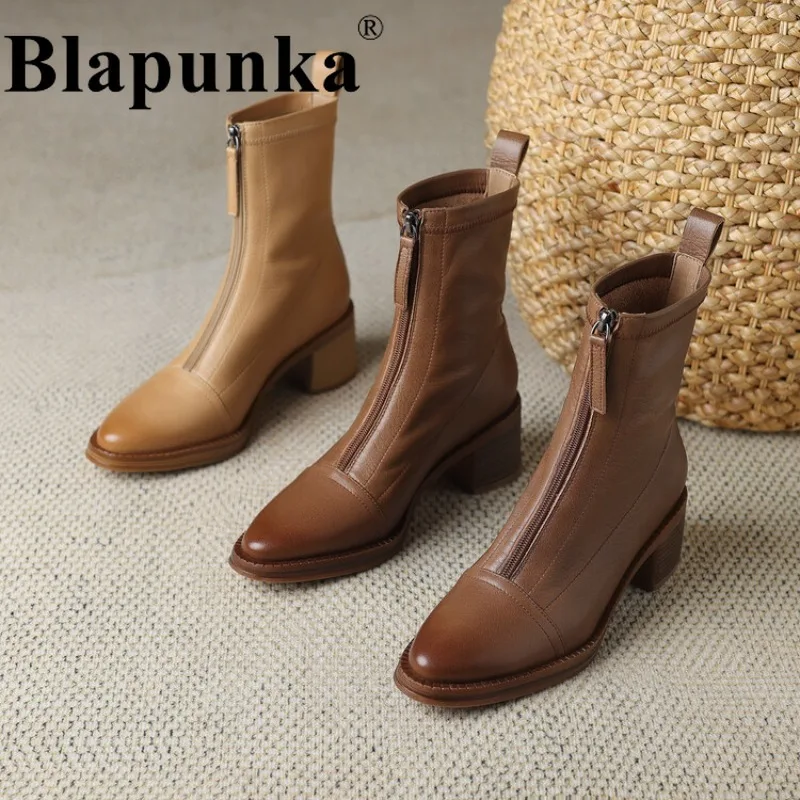 

Blapunka Women Natural Leather Boots Autumn High Quality Medium Heels Front Zipper Ankle Boots Winter Handmade Shoes Woman Retro