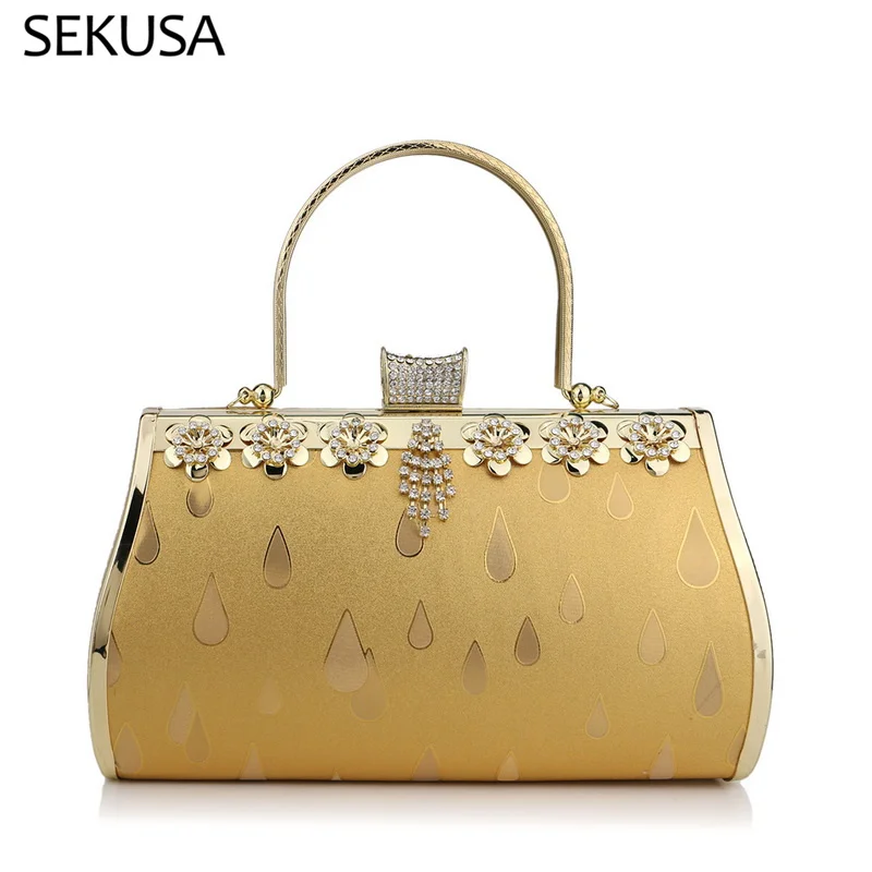 

Tassel Diamonds Clutch Golden Metal Water Printed Rhinestones Bucket Handbags Wedding Evening Bags