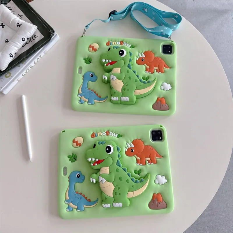 3D Dinosaur Silicone Shockproof Kids Carry Case with Stand and Shoulder Strap