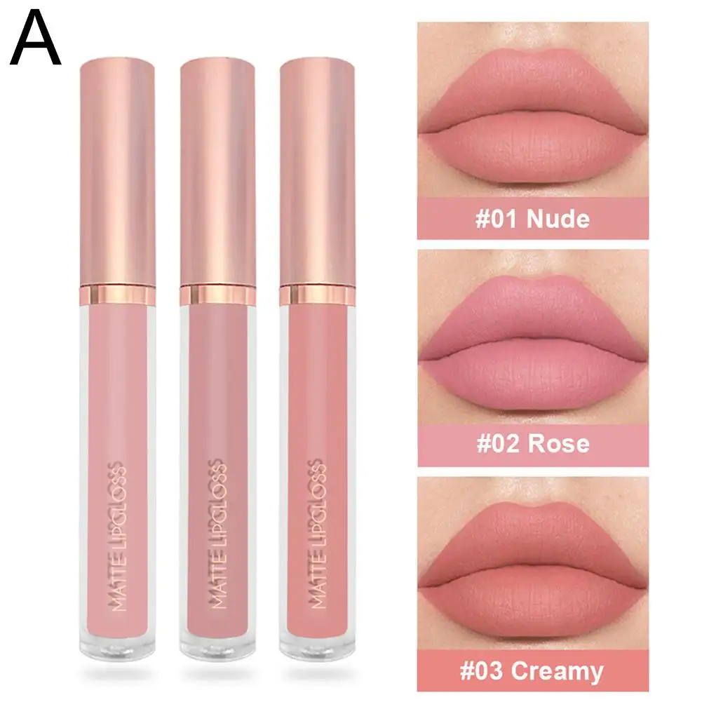 3 יחידות / מערכת ליפ גלוס עירום מאט ולווט ליפסטיק אטום למים ארוך טווח ליפסטיק נוזלי לנשים צבע שפתיים לחות לא מדביק